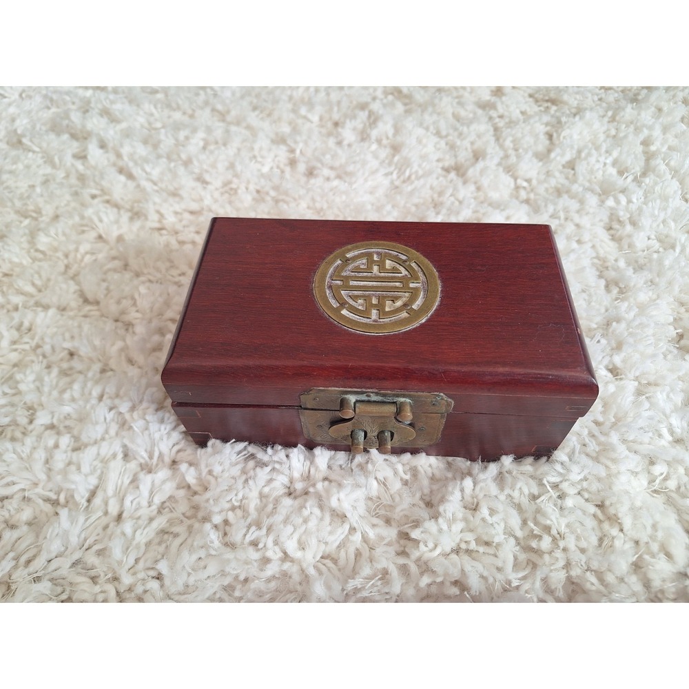 Vintage Brass & Rosewood Oriental Jewelry Box 7" Interior Ring Holder Slots